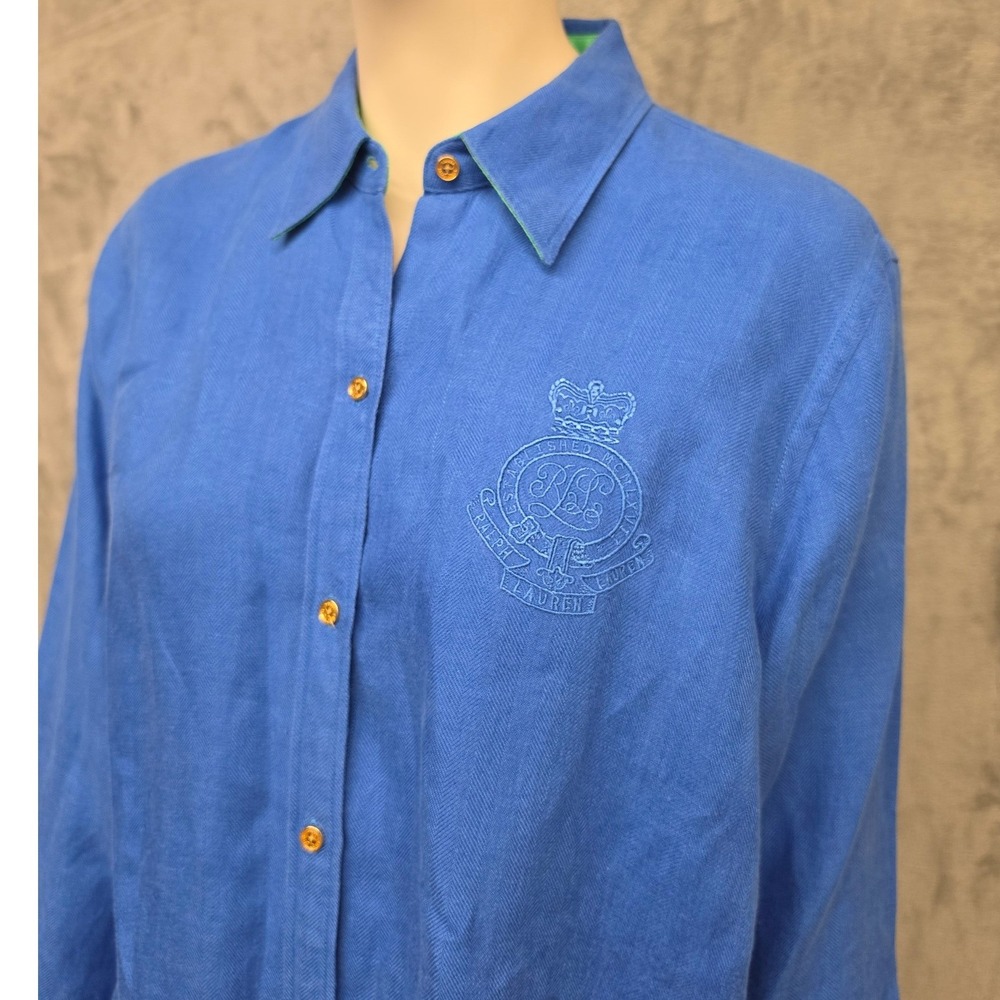 Lauren Ralph Lauren Women's Blue 100% Linen Embroidered Crest Button Down Shirt